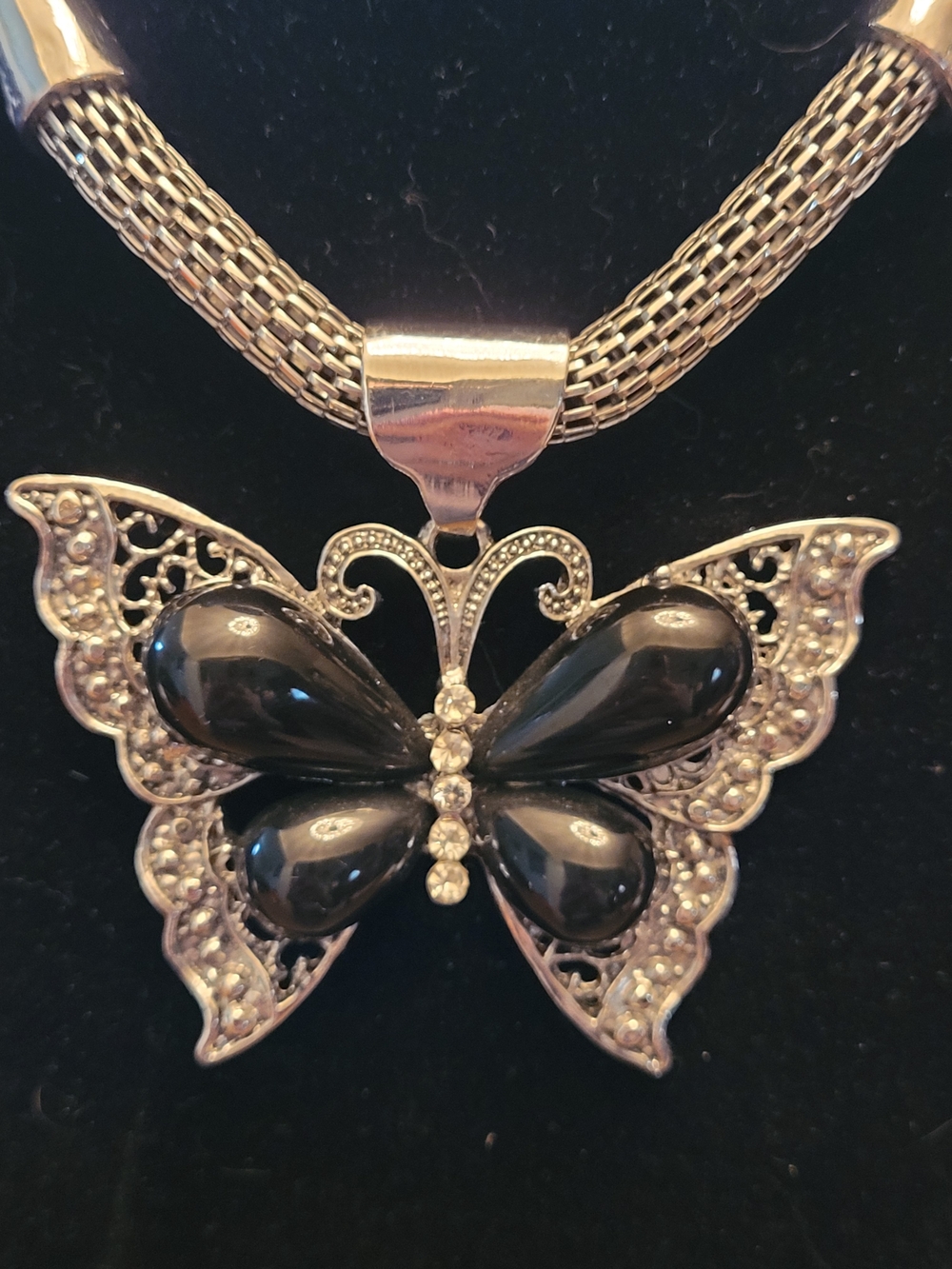 Large Butterfly Statement Necklace Filigree Rhinestones Pendant Vintage Style